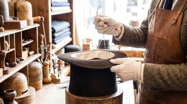 Milliner hand sewing the inner lining of a classic black top hat in a workshop