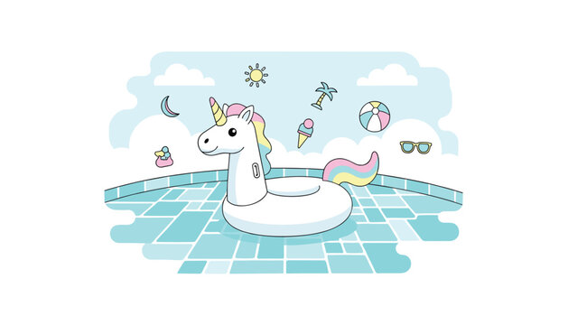 White unicorn pool float resting in a blue tiled swimming pool, surrounded by summer icons like ice cream and beach balls for vacation marketing.