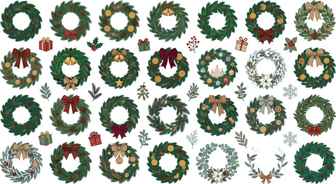 Christmas wreath vector icon collection featuring traditional evergreen winter holiday circular garlands with ribbons bells pinecones and festive ornaments