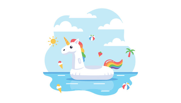 Inflatable unicorn pool float resting on water under a sunny sky with clouds, ice cream, and beach ball for summer season advertising.