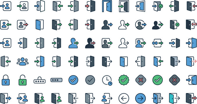 Login and logout vector icon set with door enter exit login logout user account access password padlock interface symbols