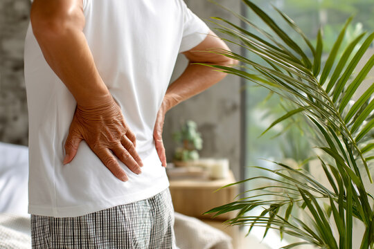 An elderly person standing in a bright room and holding their lower back in pain, highlighting health problems, spinal discomfort, and age related backaches