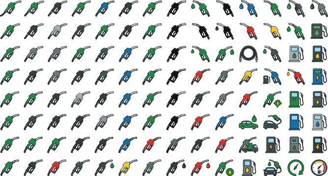 Generative AI vector illustration of gas station pump nozzle icon set featuring fuel dispensers petroleum drops and charging symbolsfuel.