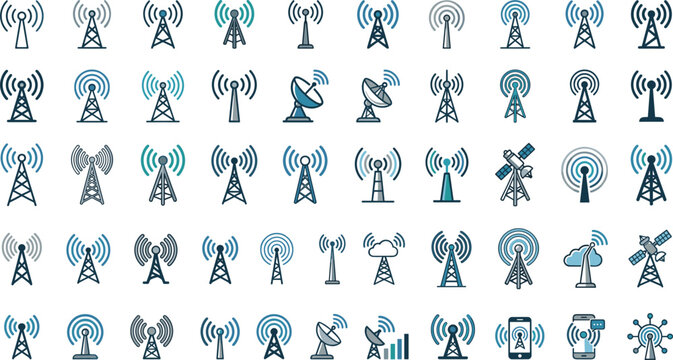 Generative AI vector illustration of telecommunication tower icon set featuring antenna masts satellite dishes and wireless network signal symbols