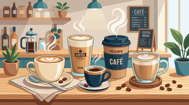 Generative AI vector illustration of coffee shop counter featuring cappuccino latte art espresso takeaway cup and cozy cafe background