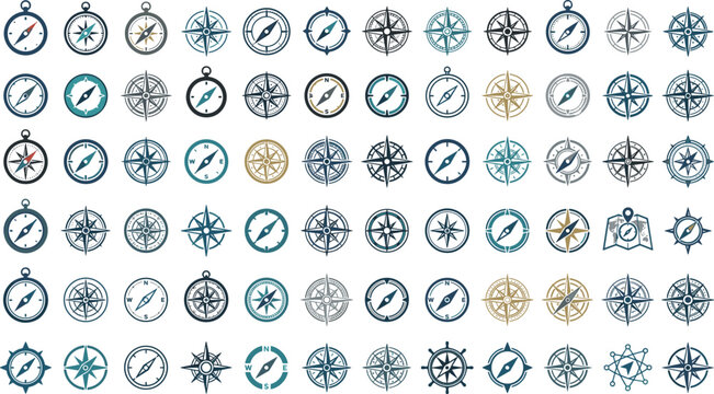 Generative AI vector illustration of vintage navigational compass icon set featuring nautical marine windrose symbols and map direction pointers