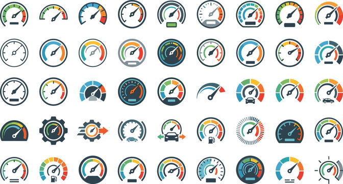 Generative AI vector illustration of colorful speedometer and tachometer icon set featuring performance gauge dials for automotive acceleration dashboards