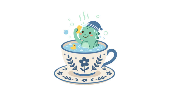 Cute cartoon dinosaur taking a bubble bath in a teacup with rubber ducky Vector