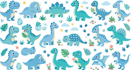 Cute baby blue dinosaur vector collection with happy cartoon prehistoric characters eggs and tropical monstera leaves for nursery design © Md