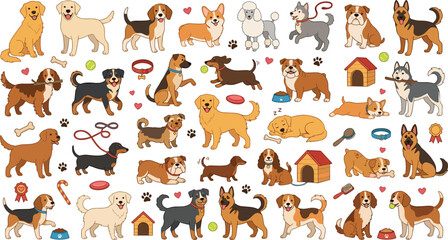 Cute dog breeds vector collection featuring happy cartoon puppies retriever husky corgi German shepherd bulldog and pet care accessories clip art set © Md