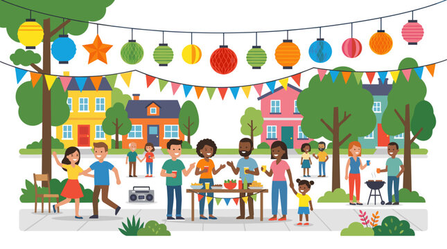 Diverse community enjoying a vibrant outdoor block party with food music and decorations Vector
