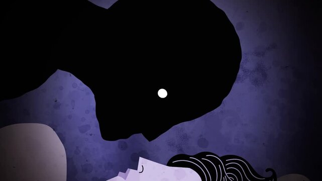 frightened woman in bed facing a dark sleep paralysis entity