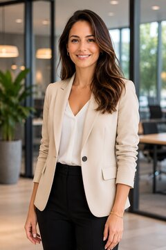 Confident businesswoman in beige blazer standing in modern office, professional female leader in corporate workspace, successful entrepreneur portrait