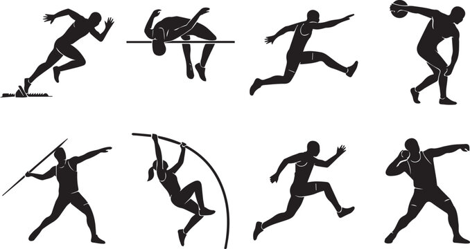 Set of track and field athlete silhouettes including sprinter high jump hurdler discus thrower javelin and pole vault on white background
