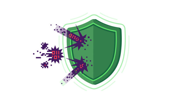 Cybersecurity shield protecting against digital attack with binary code and pixelated fragments Vector