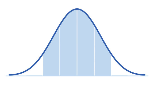 Minimalist blue bell curve vector illustration showing a symmetrical normal distribution for statistical data analysis