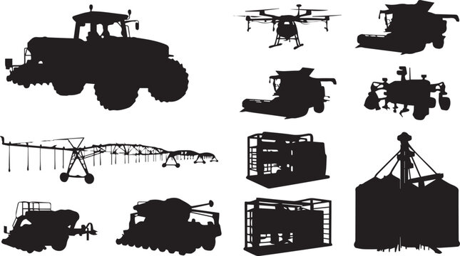 Black silhouette collection of modern agricultural machinery smart farming equipment and industrial harvest vehicles on white background