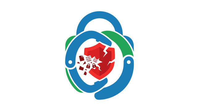 Cybersecurity concept broken shield and lock icon symbolizing data breach and security failure Vector
