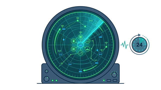 Digital radar screen displaying network connections and data flow with a timer icon Vector