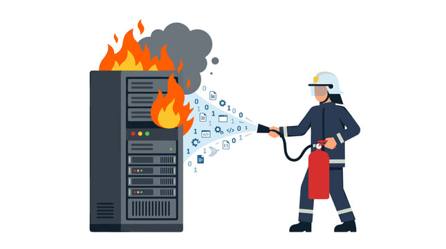 Firefighter extinguishing burning server with data flowing out Vector