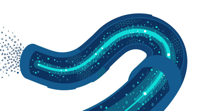 Abstract digital data stream flowing through a futuristic blue conduit with binary code and glowing particles Vector
