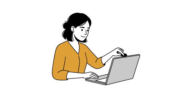 Young woman working on a laptop computer with a smile on her face Vector