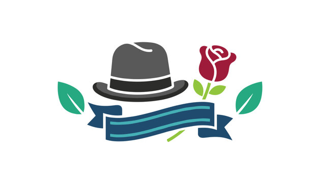 Grey fedora hat paired with a blooming red rose and green leaves resting above a decorative blue ribbon banner for elegant branding.