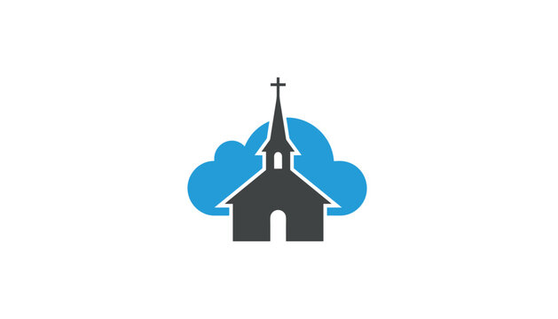 Grey church building with a tall steeple and cross set against a soft blue cloud shape for faith and community.