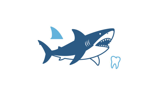 Predatory shark silhouette accompanied by a single shark fin and a tooth icon, for dental care, marine biology, or shark-themed health services.