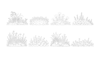 Obraz premium CAD Outline Wild Planting Border Elevation Set – Mixed Grass and Flower Side View Vectors for Landscape Architecture Plans