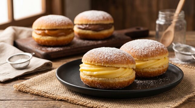 Commercial studio food photography of traditional Berliner donuts (Sonhos de Padaria) with rich cream fillings on a rustic wooden table &ndash; premium bakery confectionery branding, artisanal pastry menu a