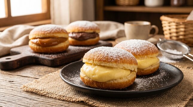 Commercial studio food photography of traditional Berliner donuts (Sonhos de Padaria) with rich cream fillings on a rustic wooden table &ndash; premium bakery confectionery branding, artisanal pastry menu a
