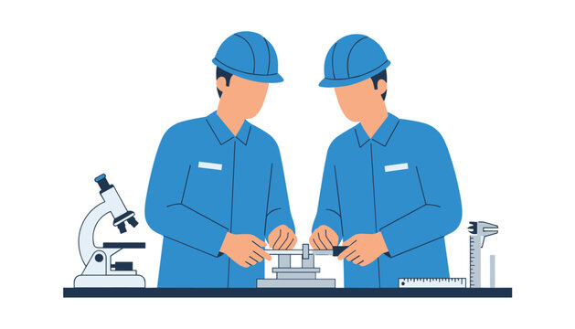 Two engineers in blue uniforms and hard hats measuring small components with a microscope and calipers on a workstation.