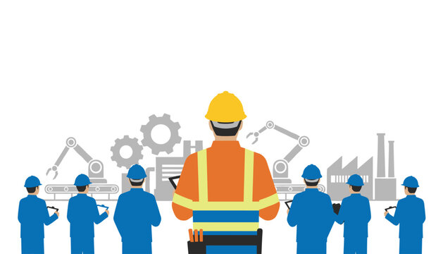 Construction site manager wearing a yellow hard hat standing with his back to the viewer while observing heavy machinery and industrial equipment in a warehouse.