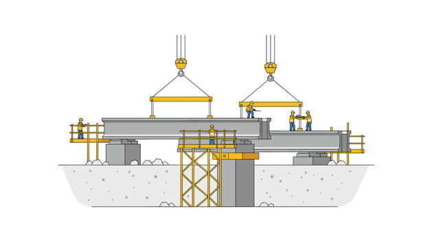 Construction workers install heavy concrete bridge beams using yellow overhead cranes and temporary metal scaffolding on a concrete base.