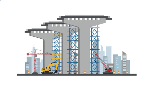 Concrete bridge pillars rise with blue scaffolding, yellow excavators, red cranes, and city buildings in the background construction site.
