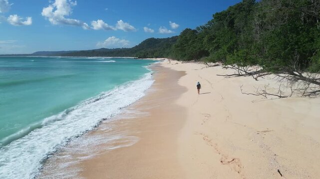 Turquoise water sandy shore asian woman surveying coastline for debris and habitat signs, drift fragments, gentle surf, drone view, focused pace, Alas Purwo, National Park, Grajagan Bay, Java
