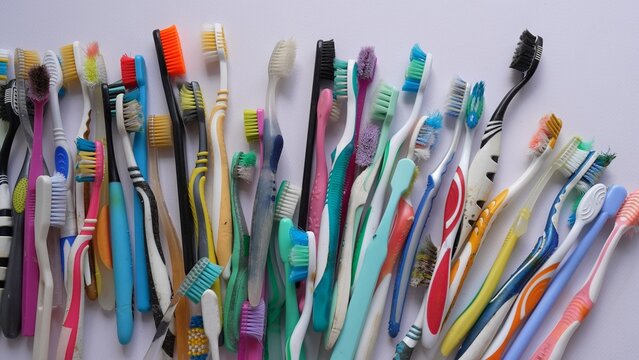 Used toothbrushes are collected for disposal. Separate garbage collection. Waste sorting. A lot of old toothbrushes are in the drawer.