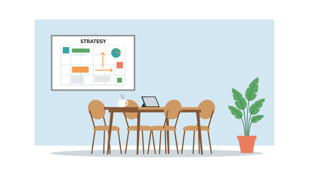 Office meeting room featuring a wooden table with chairs, a digital tablet, a coffee cup, and a strategy chart displayed on the blue wall.