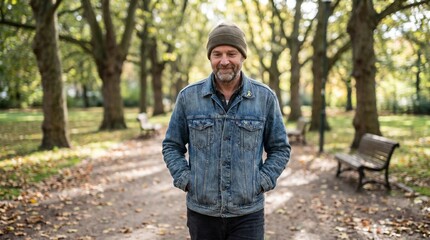 Fototapeta premium A middle-aged man wearing a denim jacket and beanie walks down a path in a park lined with trees. The leaves are scattered on the ground, indicating autumn