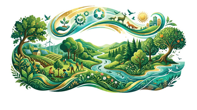 Illustration of sustainable ecosystem with harmonious nature and human activity.