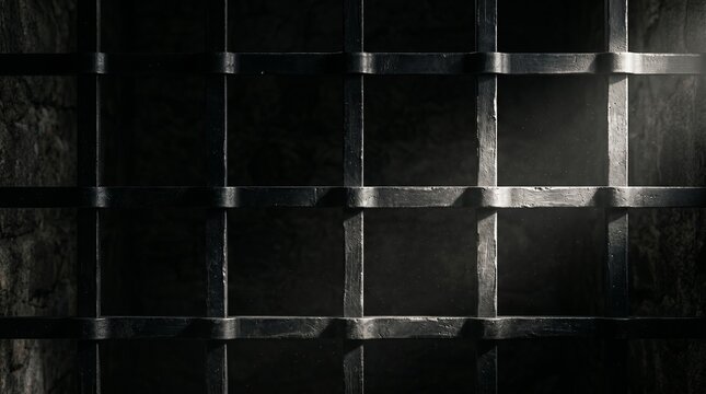 Cinematic Dark Iron Prison Bars in a Dungeon with Dramatic Lighting, Confinement Concept for Justice, Security and Crime Background with Moody Shadows and Hopeful Ray of Light
