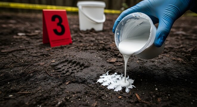 Forensic expert pours white plaster cast material into a muddy footprint at a crime scene location