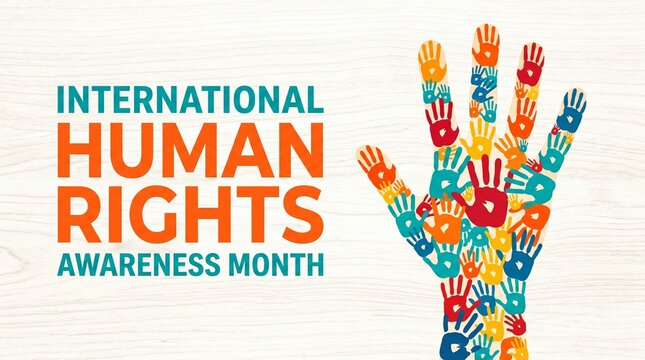 International Human Rights Awareness Month banner, colorful handprint mosaic, social justice and equality concept