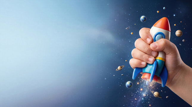Child hand holding toy rocket flying in space with planets banner