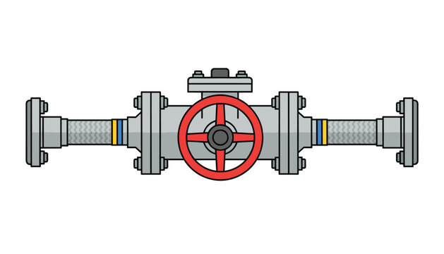 Industrial gate valve with large red wheel handle connected to metal pipes and flanges for fluid control in manufacturing facility.