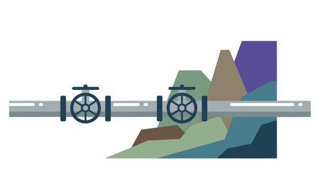 Pipeline with two control valves running horizontally across landscape background with abstract geometric shapes terrain.