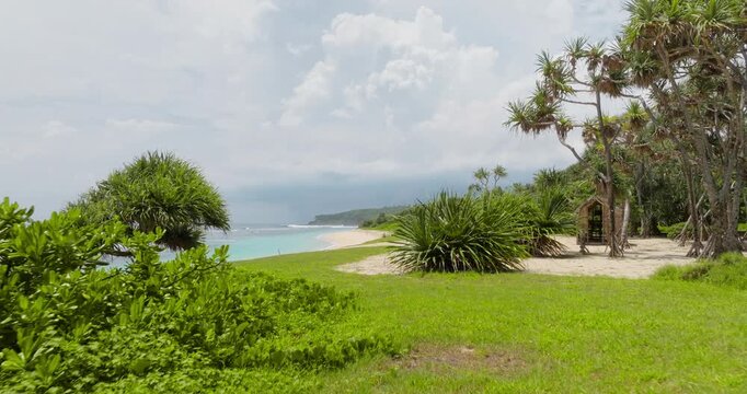 Tropical Port Resolution on Tanna Island, Vanuatu, secluded white sand beach fringed by lush green grass, pandanus trees, traditional hut, creating a serene and exotic island getaway vacation paradise