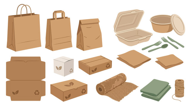 Vector set of eco friendly kraft paper packaging items for food and retail.