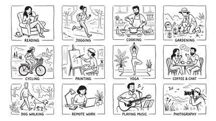 Fototapeta premium Diverse Lifestyle Hobbies and Leisure Activities Illustration Featuring Reading, Cooking, Yoga and More